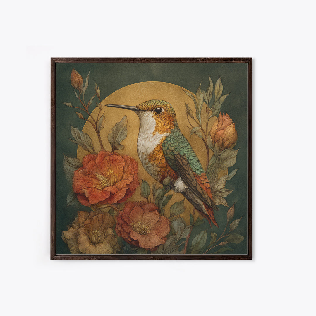 Hummingbird Beside Bright Flowers Framed Canvas Print, Wildlife Art, Textured Painting, Living Room Decor, Oil Painting, Wild, WIL-1x1-88