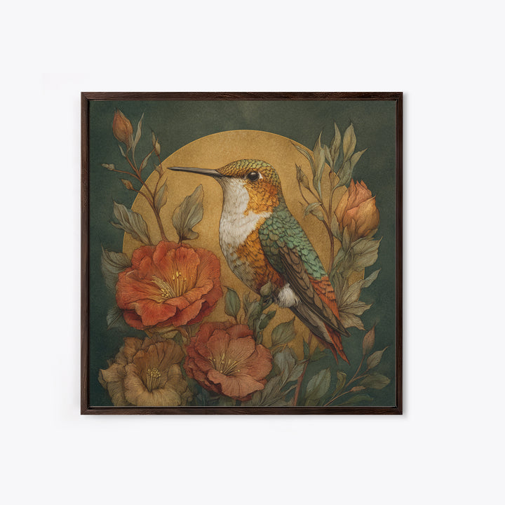Hummingbird Beside Bright Flowers Framed Canvas Print, Wildlife Art, Textured Painting, Living Room Decor, Oil Painting, Wild, WIL-1x1-88