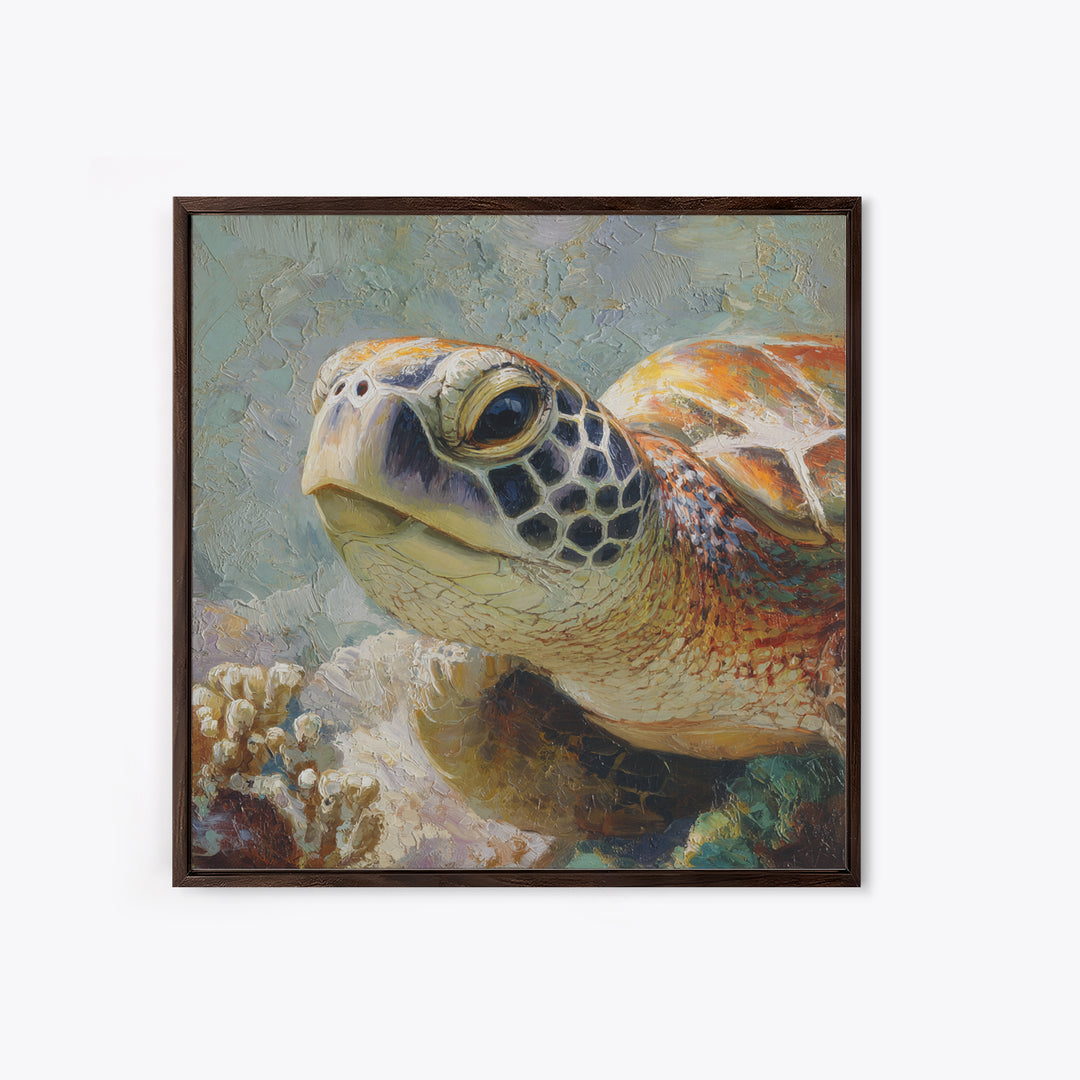 Sea Turtle over Coral Reef Canvas Print, Wildlife Art, Forest Wall Art, Living Room Decor, Fine Art, Wild, Textured Painting, WIL-1x1-90