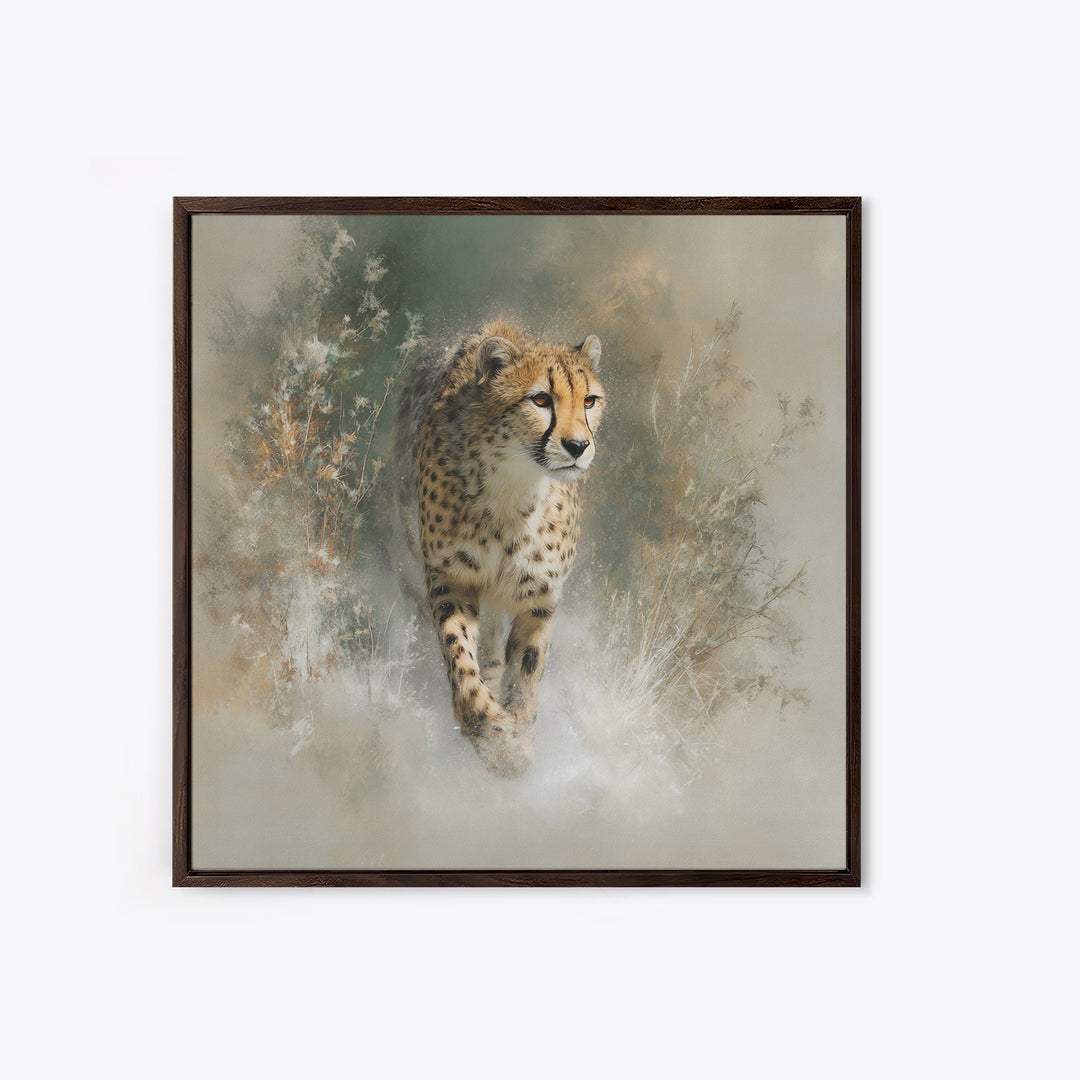 Cheetah Running Through Warm Dust Framed Canvas Print, Wildlife Art, Luxury Decor, Living Room Decor, Oil Painting, Wild, WIL-1x1-93