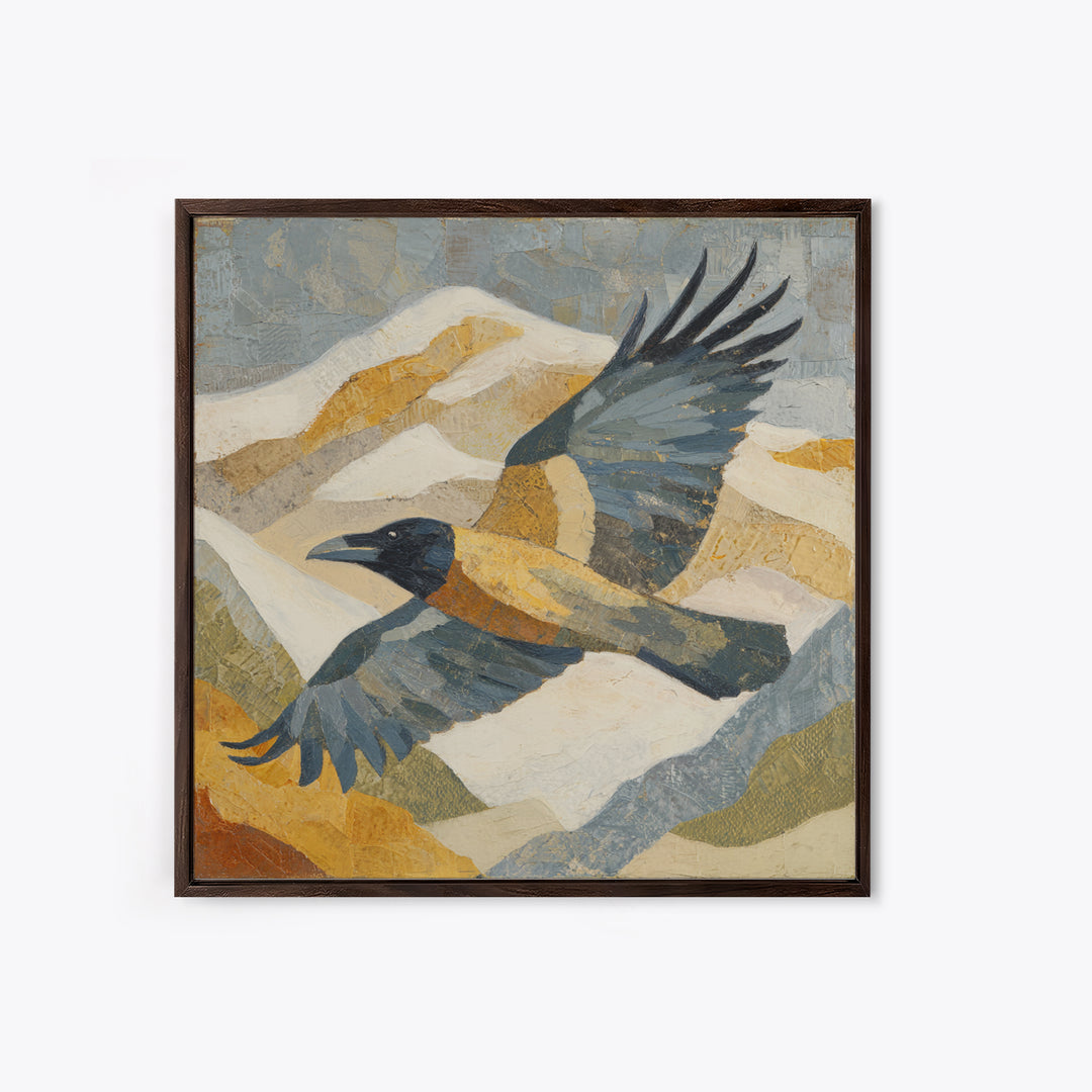 Raven Flying Through Snowy Mountains Framed Canvas Print, Wildlife Art, Painting, Living Room Decor, Watercolor Art, Wild, WIL-1x1-96