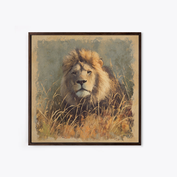 Lion Emerging from Golden Savanna Grass Canvas Print, Wildlife Art, Wall Art, Living Room Decor, Oil Painting, Wild, WIL-1x1-97