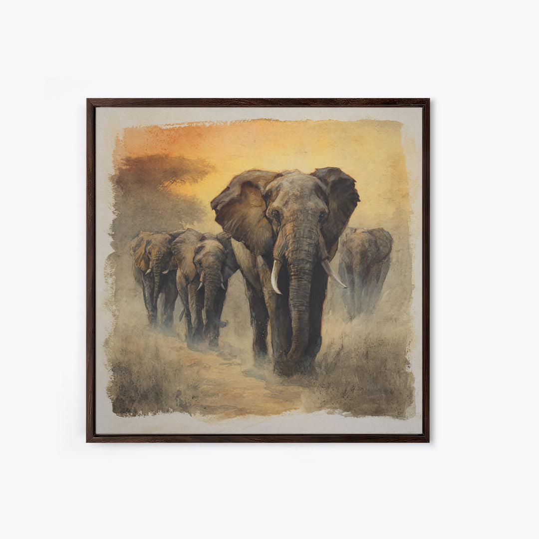 Elephant Herd Walking Through Dusty Sunset Canvas Print, Wildlife Art, Boho Decor, Living Room Decor, Fine Art, Wild, WIL-1x1-98