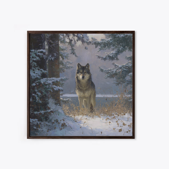 Wolf Standing Beneath Snowy Pine Trees Canvas Print, Wildlife Art, Wall Art, Living Room Decor, Fine Art, Wild, Modern Wall Art, WIL-1x1-99
