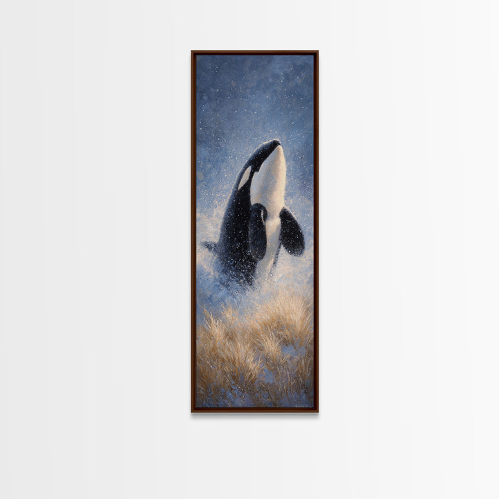 Orca Breaching in Cold Ocean Canvas Print, Wildlife Art, Modern Wall Art, Living Room Decor, Fine Art, Wild, Bird Wall Art, WIL-1x3-11