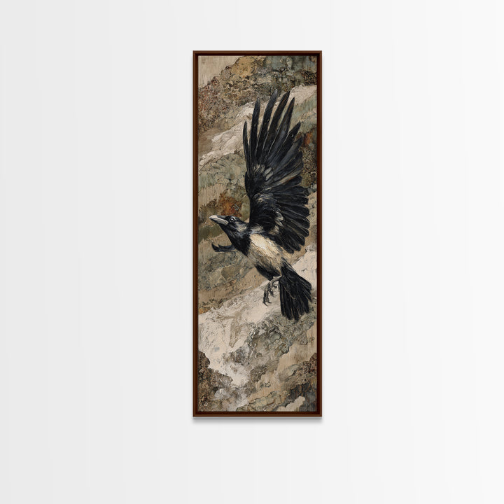 Raven Flying Through Snowy Mountains Canvas Print, Wildlife Art, Boho Decor, Living Room Decor, Fine Art, Wild, Painting, WIL-1x3-12