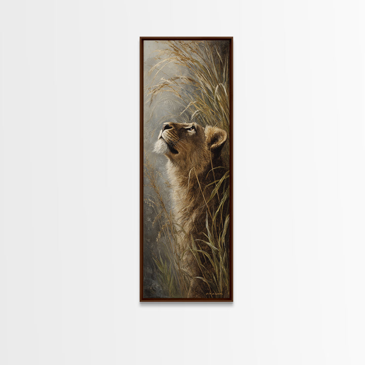 Lion Emerging from Golden Savanna Grass Canvas Print, Wildlife Art, Statement Artwork, Living Room Decor, Fine Art, Wild, WIL-1x3-13