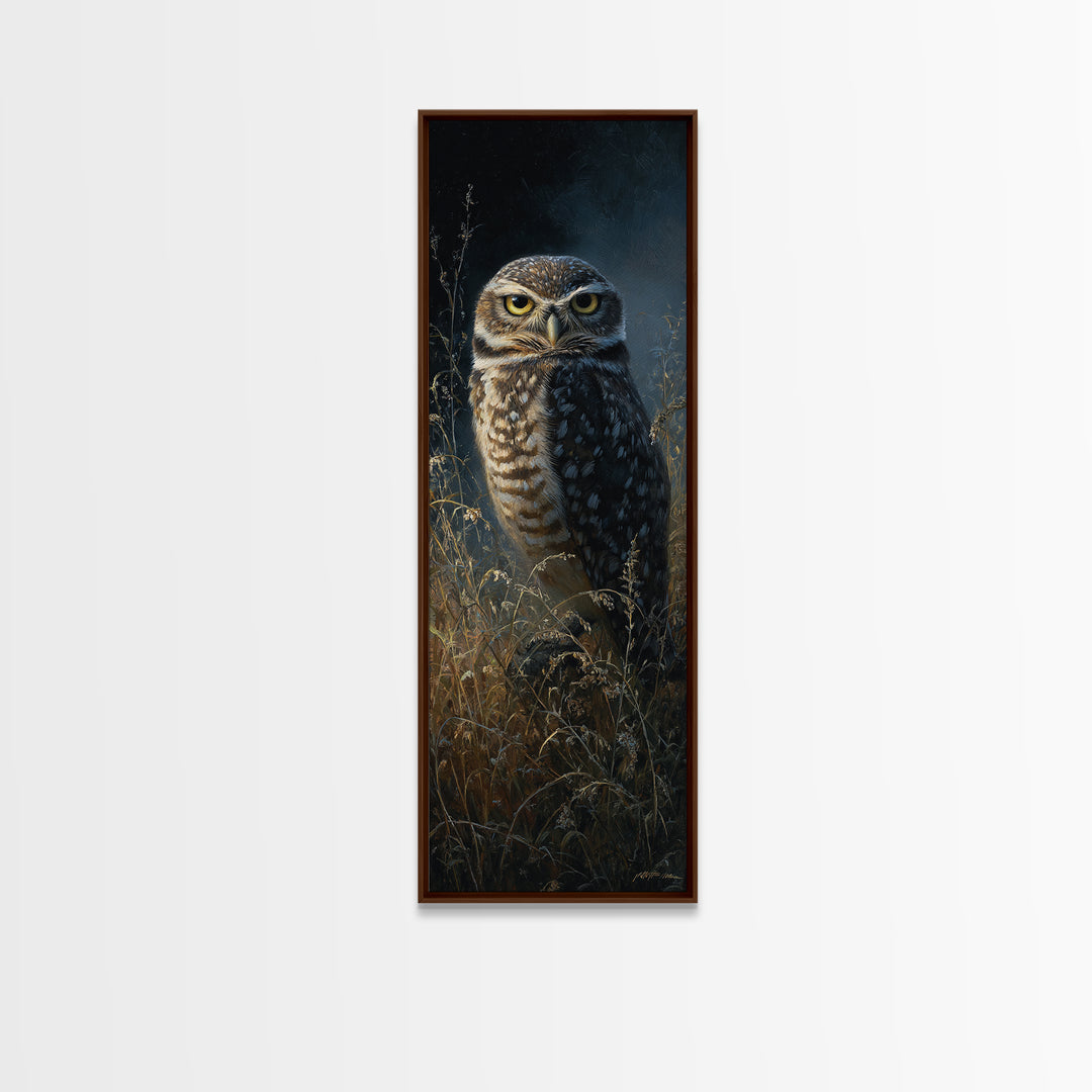 Owl Perched in Moonlit Woodland Framed Canvas Print, Wildlife Art, Art Print, Living Room Decor, Wild, Digital Wall Art, WIL-1x3-24