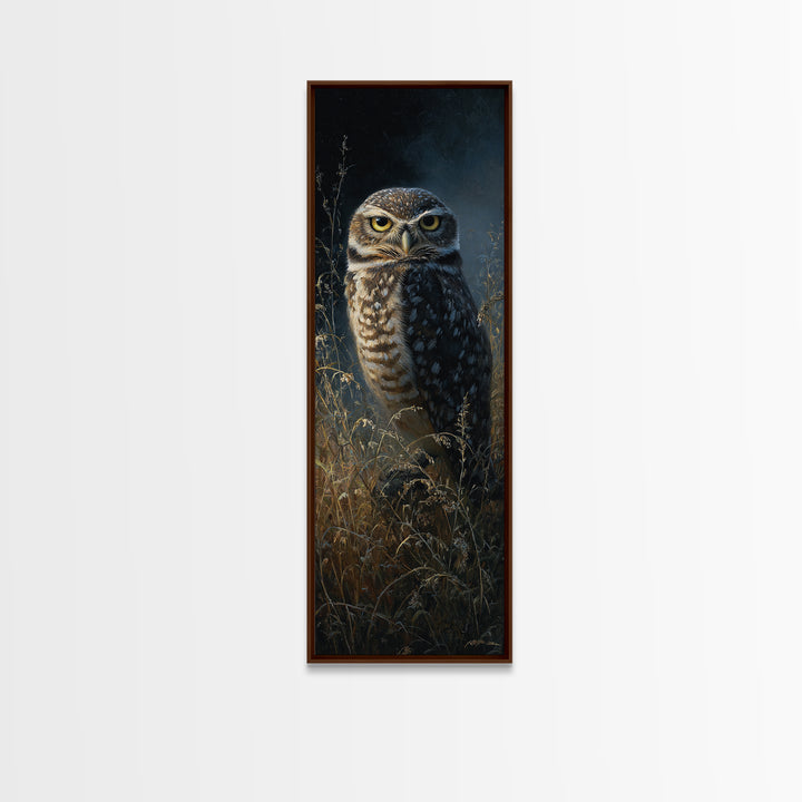 Owl Perched in Moonlit Woodland Framed Canvas Print, Wildlife Art, Art Print, Living Room Decor, Wild, Digital Wall Art, WIL-1x3-24