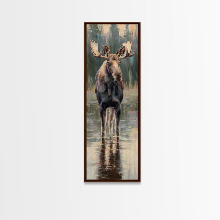 Moose Standing in Reflective Lake Framed Canvas Print, Wildlife Art, Wall Hangings, Living Room Decor, Watercolor Art, Wild, WIL-1x3-31