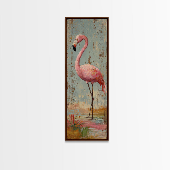Flamingos in Pink Shallow Water Framed Canvas Print, Wildlife Art, Bird Wall Art, Living Room Decor, Watercolor Art, Wild, WIL-1x3-34