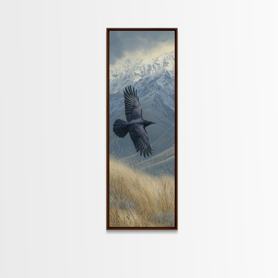 Raven Flying Through Snowy Mountains Framed Canvas Print, Wildlife Art, Living Room Decor, Watercolor Art, Wild, WIL-1x3-36
