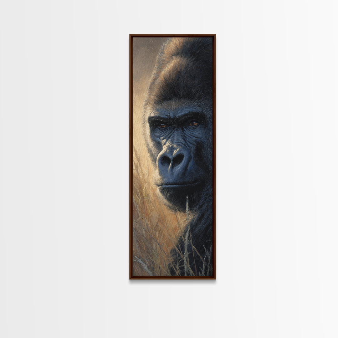 Gorilla Portrait with Powerful Gaze Canvas Print, Wildlife Art, Rustic Home Decor, Living Room Decor, Oil Painting, Wild, WIL-1x3-5