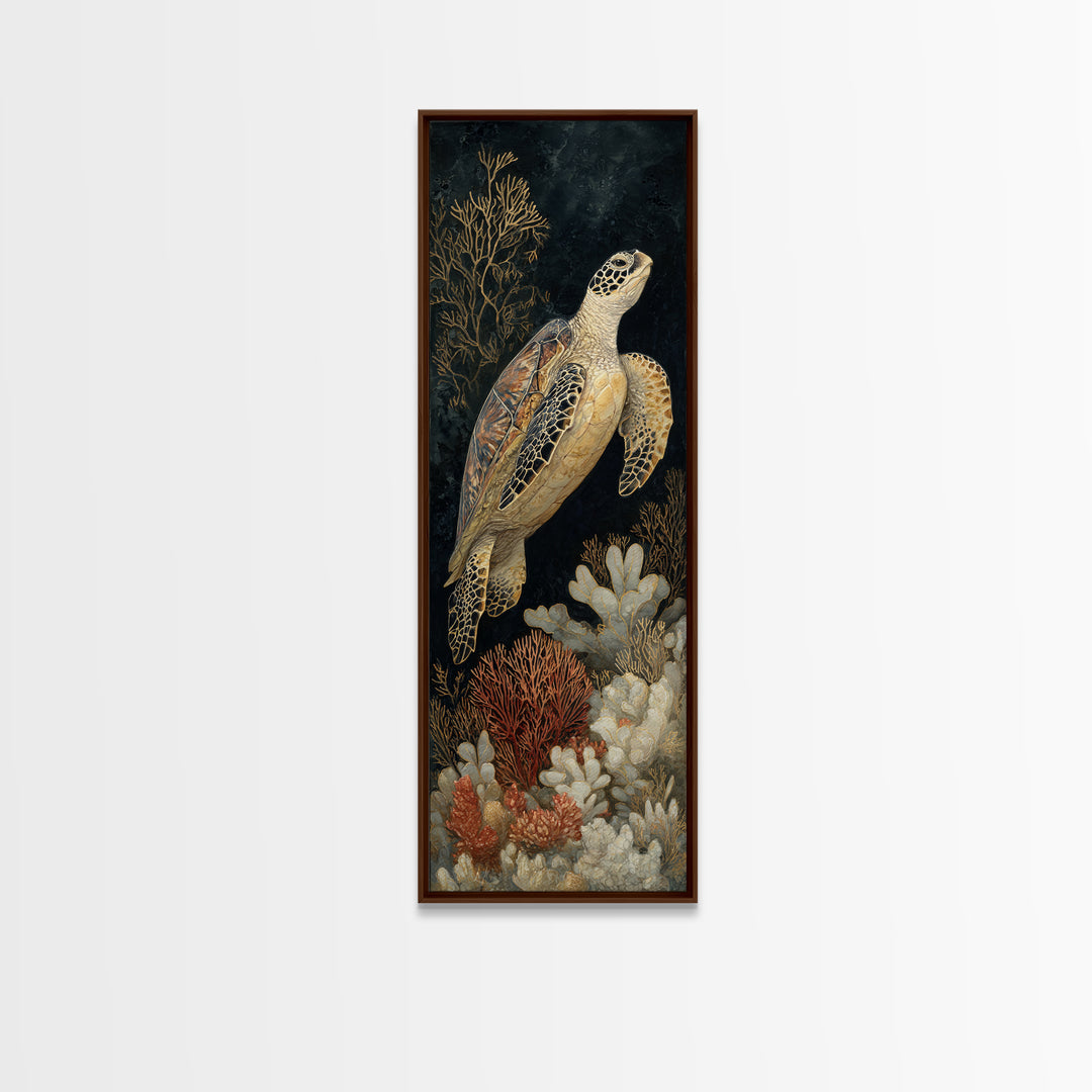Sea Turtle over Coral Reef Framed Canvas Print, Wildlife Art, Canvas Painting, Living Room Decor, Oil Painting, Wild, WIL-1x3-54