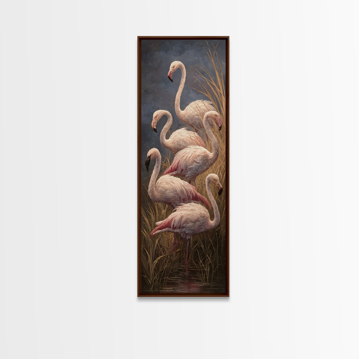 Flamingos in Pink Shallow Water Framed Canvas Print, Wildlife Art, Bird Wall Art, Living Room Decor, Watercolor Art, Wild, WIL-1x3-58