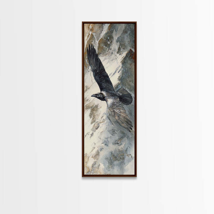 Raven Flying Through Snowy Mountains Canvas Print, Wildlife Art, Wall Decor, Living Room Decor, Wild, Living Room Wall Art, WIL-1x3-60