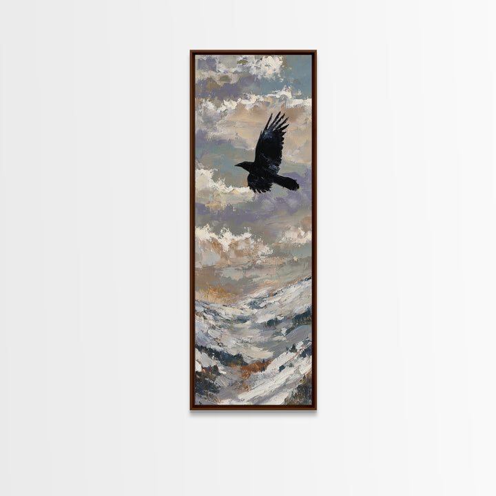 Raven Flying Through Snowy Mountains Framed Canvas Print, Wildlife Art, Original Art, Living Room Decor, Oil Painting, Wild, WIL-1x3-84