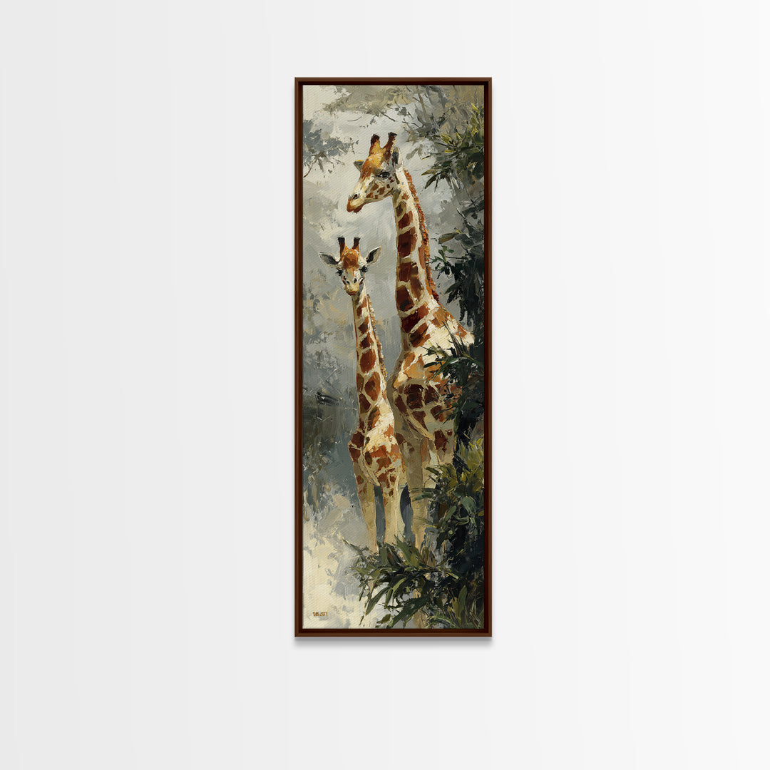 Giraffe Pair under Acacia Tree Framed Canvas Print, Wildlife Art, Bird Wall Art, Living Room Decor, Oil Painting, Wild, WIL-1x3-91