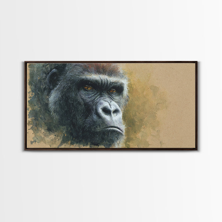 Gorilla Portrait with Powerful Gaze Framed Canvas Print, Wildlife Art, Minimalist Decor, Living Room Decor, Oil Painting, Wild, WIL-2x1-13