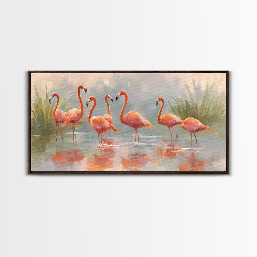 Flamingos in Pink Shallow Water Framed Canvas Print, Wildlife Art, Statement Artwork, Living Room Decor, Fine Art, Wild, WIL-2x1-18