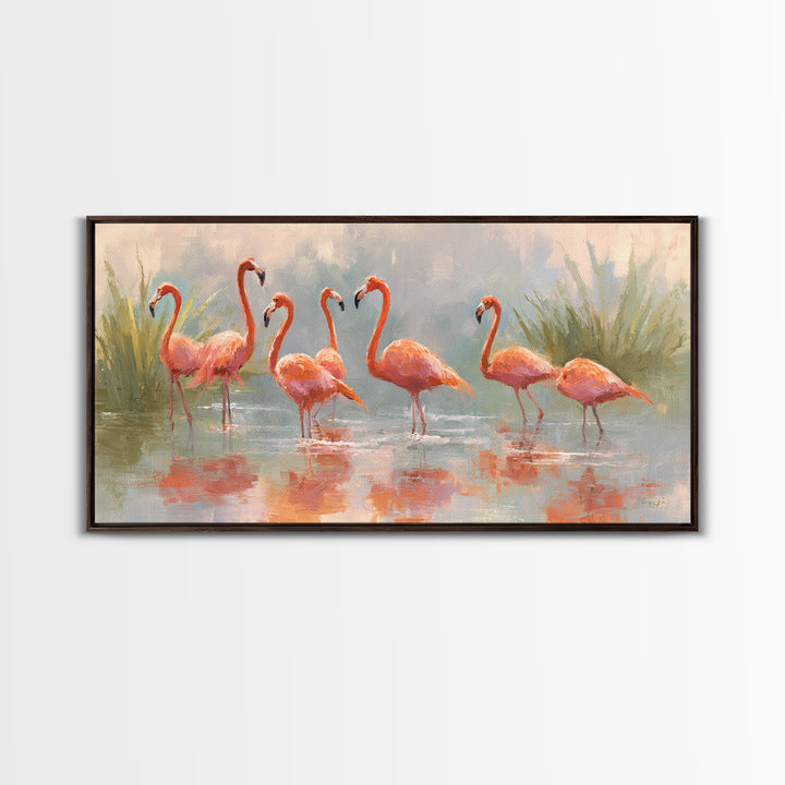 Flamingos in Pink Shallow Water Framed Canvas Print, Wildlife Art, Statement Artwork, Living Room Decor, Fine Art, Wild, WIL-2x1-18