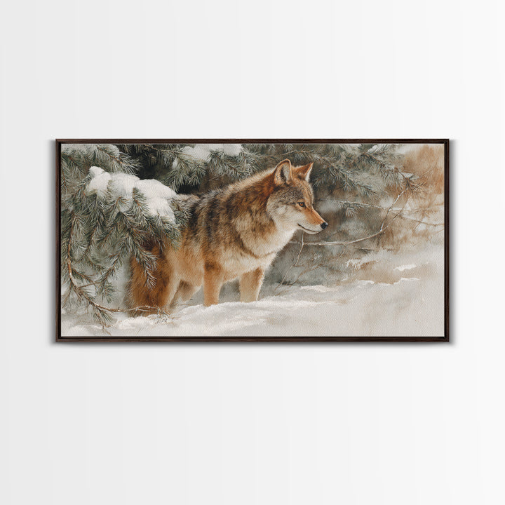 Wolf Standing Beneath Snowy Pine Trees Framed Canvas Print, Wildlife Art, Oil Painting, Living Room Decor, Watercolor Art, Wild, WIL-2x1-23
