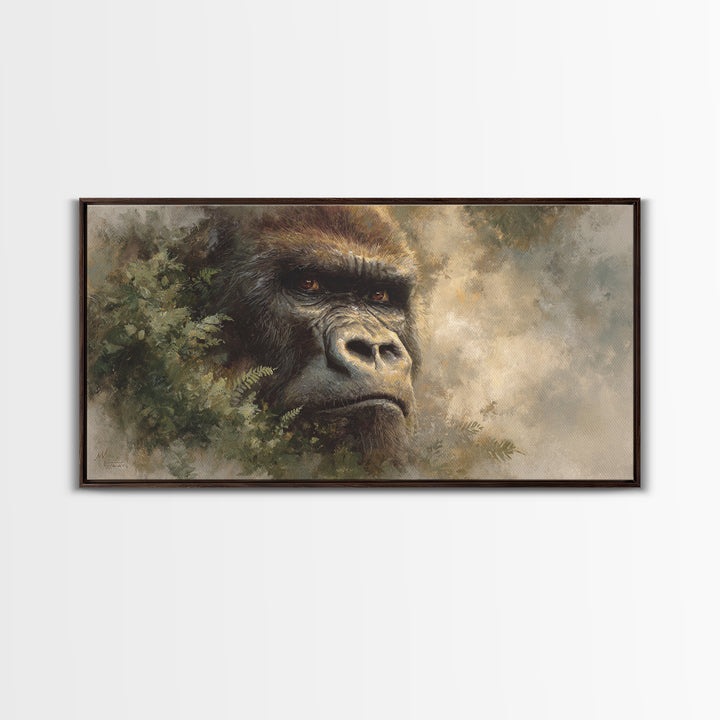 Gorilla Portrait with Powerful Gaze Framed Canvas Print, Wildlife Art, Minimalist Decor, Living Room Decor, Oil Painting, Wild, WIL-2x1-37