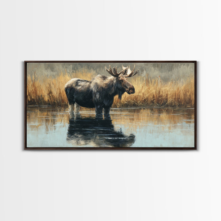 Moose Standing in Reflective Lake Canvas Print, Wildlife Art, Painting, Living Room Decor, Fine Art, Wild, Living Room Wall Art, WIL-2x1-39