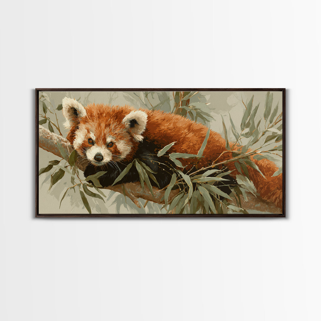 Red Panda Among Bamboo Leaves Framed Canvas Print, Wildlife Art, Home Decor, Living Room Decor, Fine Art, Wild, Boho Wall Decor, WIL-2x1-40