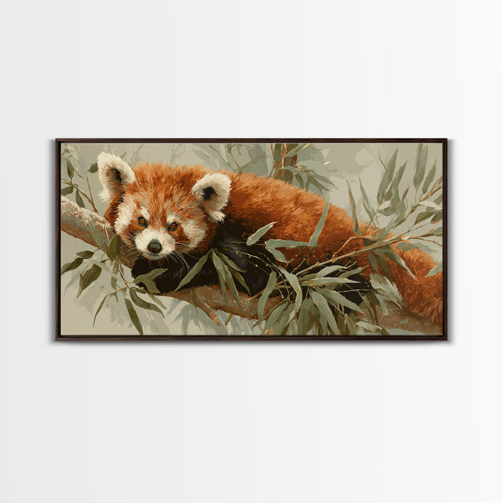 Red Panda Among Bamboo Leaves Framed Canvas Print, Wildlife Art, Home Decor, Living Room Decor, Fine Art, Wild, Boho Wall Decor, WIL-2x1-40