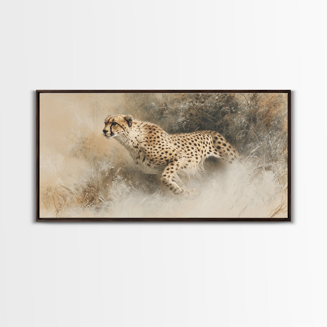 Cheetah Running Through Warm Dust Canvas Print, Wildlife Art, Contemporary Art, Living Room Decor, Wild, Wall Art Print, WIL-2x1-41