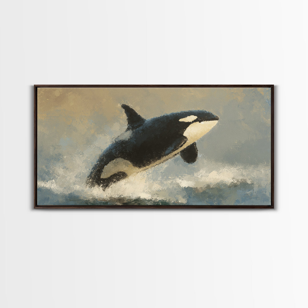 Orca Breaching in Cold Ocean Framed Canvas Print, Wildlife Art, Wall Hangings, Living Room Decor, Oil Painting, Wild, WIL-2x1-43