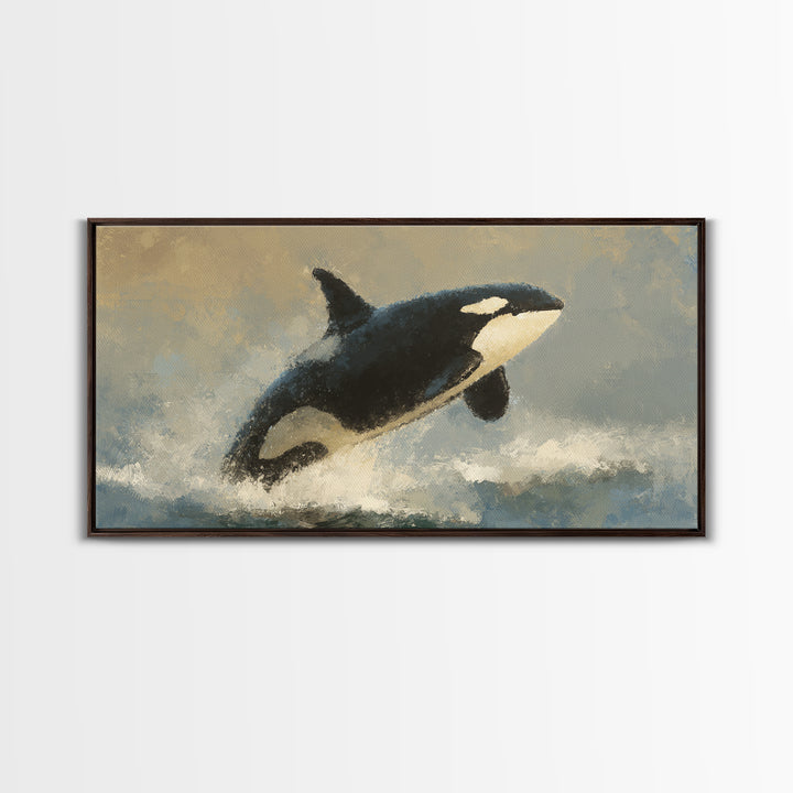 Orca Breaching in Cold Ocean Framed Canvas Print, Wildlife Art, Wall Hangings, Living Room Decor, Oil Painting, Wild, WIL-2x1-43