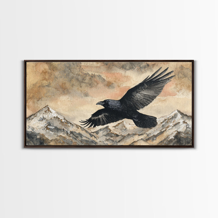 Raven Flying Through Snowy Mountains Canvas Print, Wildlife Art, Textured Painting, Living Room Decor, Fine Art, Wild, WIL-2x1-44