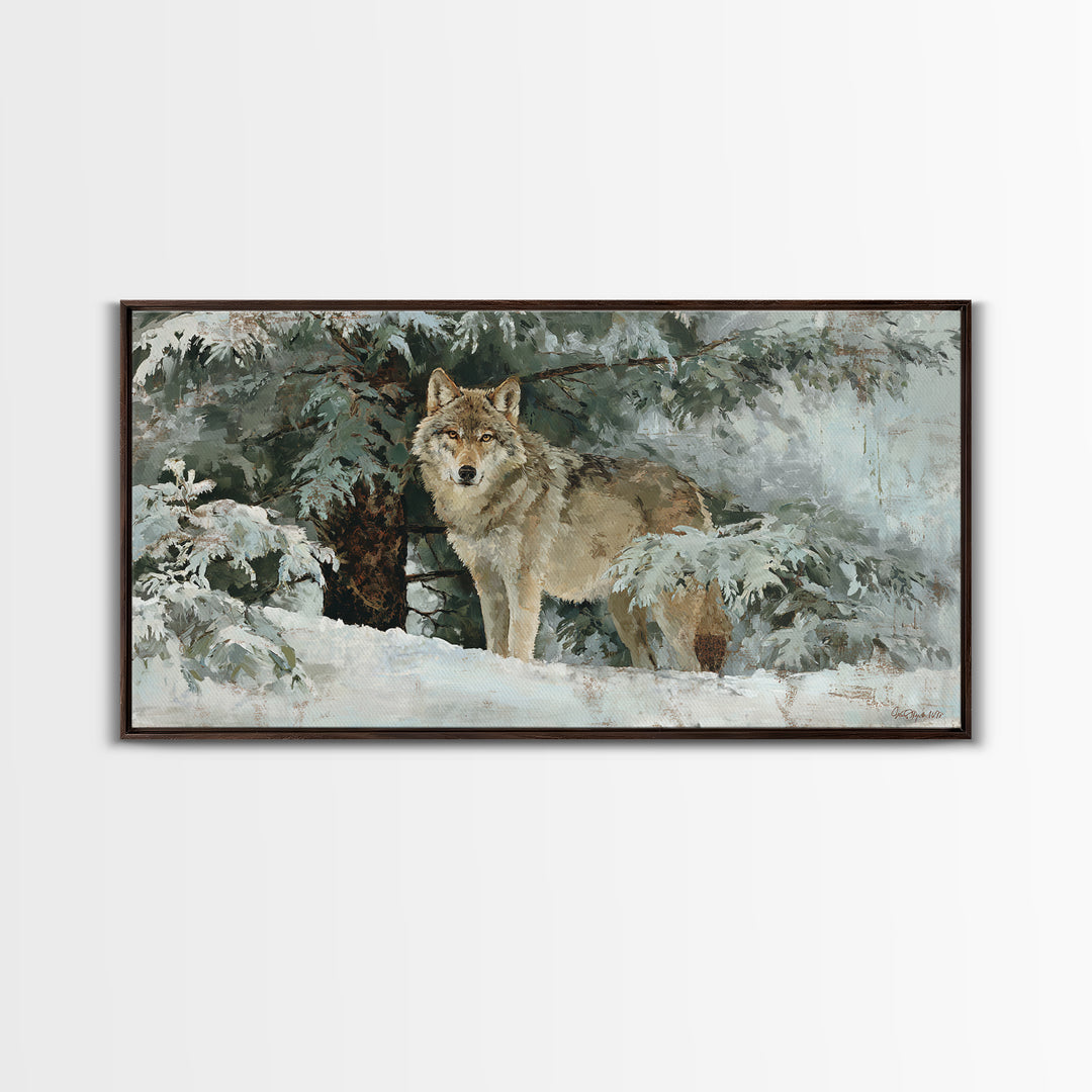 Wolf Standing Beneath Snowy Pine Trees Canvas Print, Wildlife Art, Wall Art Print, Living Room Decor, Oil Painting, Wild, WIL-2x1-47