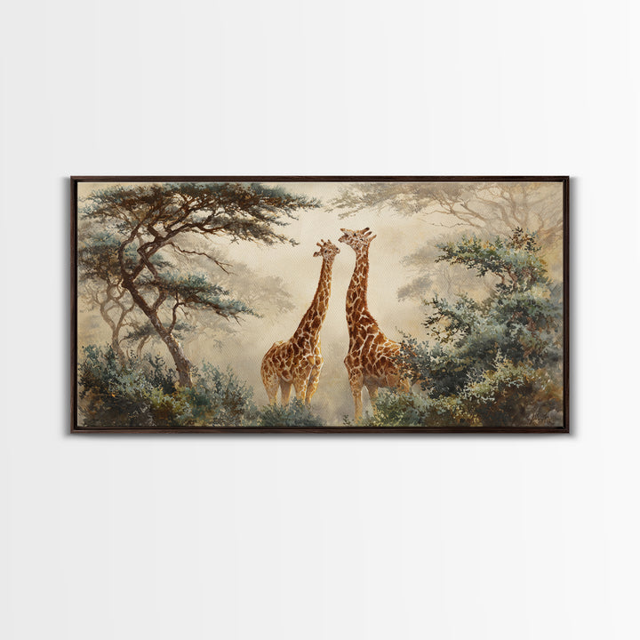 Giraffe Pair under Acacia Tree Framed Canvas Print, Wildlife Art, Modern Wall Art, Living Room Decor, Watercolor Art, Wild, WIL-2x1-51