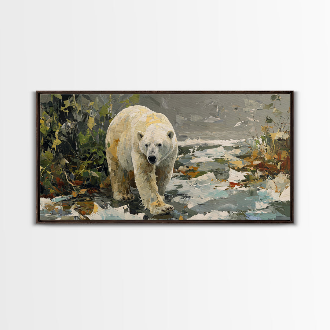 Polar Bear Crossing Blue Ice Framed Canvas Print, Wildlife Art, Landscape Art, Living Room Decor, Watercolor Art, Wild, WIL-2x1-59