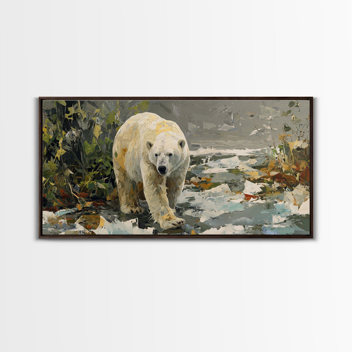 Polar Bear Crossing Blue Ice Framed Canvas Print, Wildlife Art, Landscape Art, Living Room Decor, Watercolor Art, Wild, WIL-2x1-59