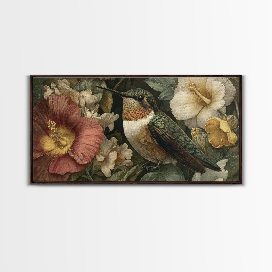 Hummingbird Beside Bright Flowers Framed Canvas Print, Wildlife Art, Oil Painting, Living Room Decor, Fine Art, Wild, WIL-2x1-60