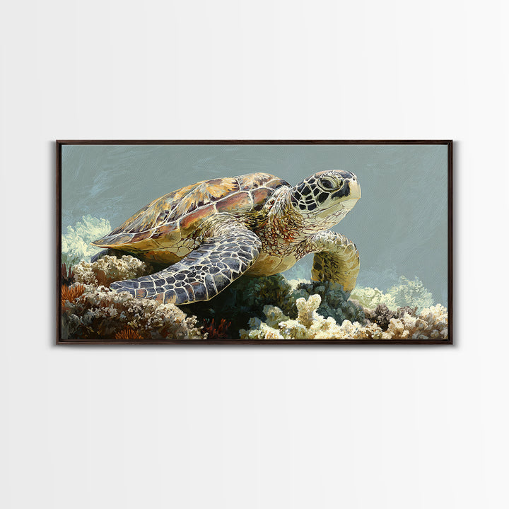 Sea Turtle over Coral Reef Canvas Print, Wildlife Art, Room Decor, Living Room Decor, Oil Painting, Wild, Large Wall Art, WIL-2x1-62
