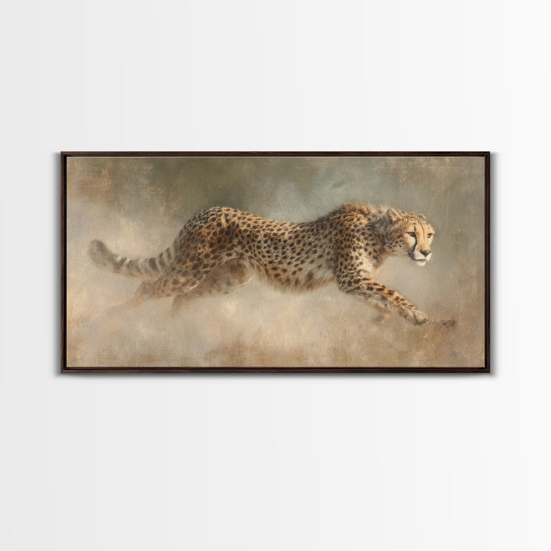 Cheetah Running Through Warm Dust Framed Canvas Print, Wildlife Art, Wall Hangings, Living Room Decor, Abstract Art, Wild, WIL-2x1-65