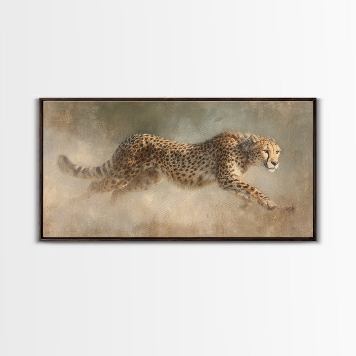 Cheetah Running Through Warm Dust Framed Canvas Print, Wildlife Art, Wall Hangings, Living Room Decor, Abstract Art, Wild, WIL-2x1-65