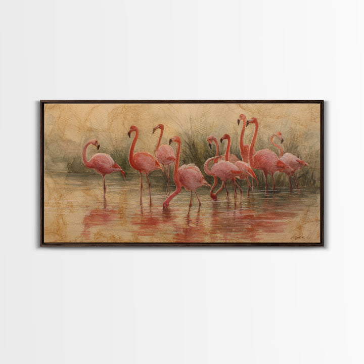 Flamingos in Pink Shallow Water Canvas Print, Wildlife Art, Textured Painting, Living Room Decor, Watercolor Art, Wild, WIL-2x1-66