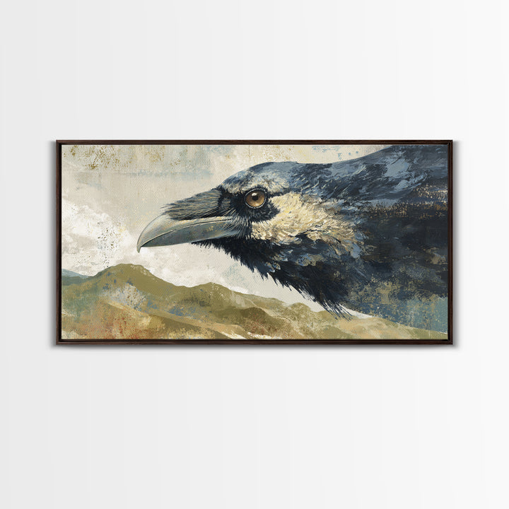 Raven Flying Through Snowy Mountains Canvas Print, Wildlife Art, Large Wall Art, Living Room Decor, Wild, Landscape Art, WIL-2x1-68