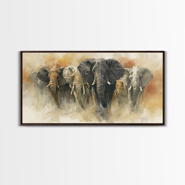 Elephant Herd Walking Through Dusty Sunset Canvas Print, Wildlife Art, Wall Decor, Living Room Decor, Fine Art, Wild, WIL-2x1-70
