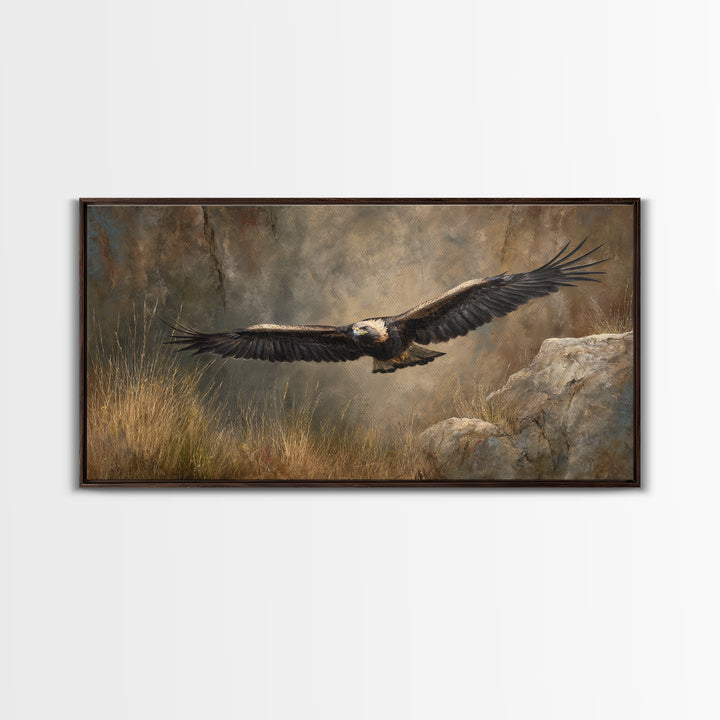 Eagle Soaring Above Rocky Cliffs Canvas Print, Wildlife Art, Living Room Decor, Watercolor Art, Wild, Living Room Wall Art, WIL-2x1-74