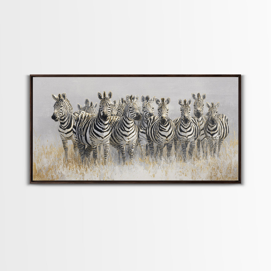 Zebra Herd in Graphic Black and White Framed Canvas Print, Wildlife Art, Bird Wall Art, Living Room Decor, Fine Art, Wild, WIL-2x1-79