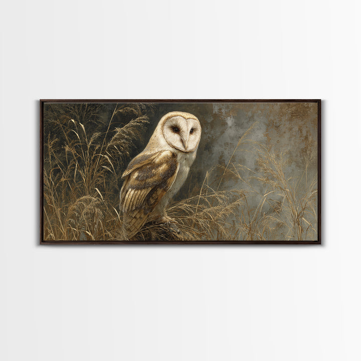Owl Perched in Moonlit Woodland Framed Canvas Print, Wildlife Art, Living Room Wall Art, Living Room Decor, Fine Art, Wild, WIL-2x1-80