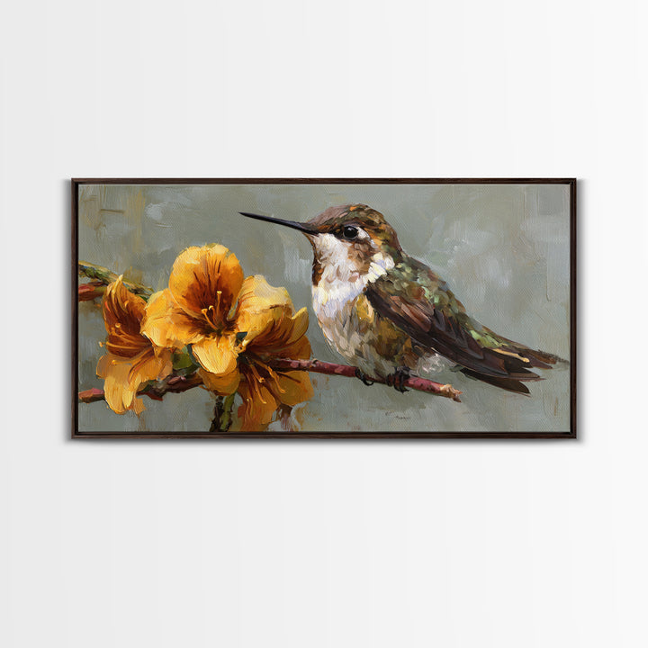 Hummingbird Beside Bright Flowers Framed Canvas Print, Wildlife Art, Bird Art, Living Room Decor, Watercolor Art, Wild, WIL-2x1-84