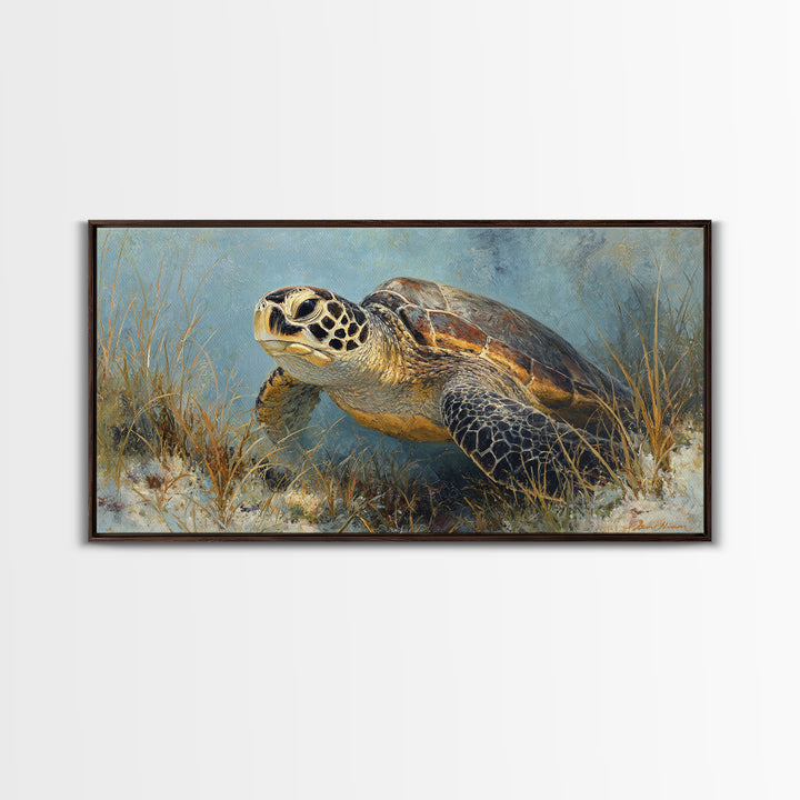 Sea Turtle over Coral Reef Framed Canvas Print, Wildlife Art, Home Decor, Living Room Decor, Fine Art, Wild, Boho Wall Decor, WIL-2x1-86
